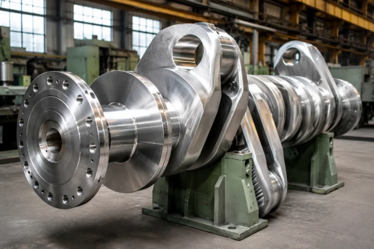 Large marine engine crankshaft spare part in an industrial workshop