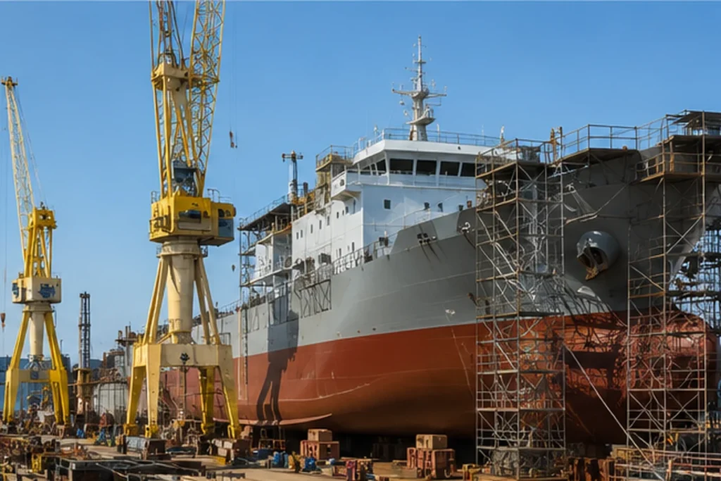 Commercial ship under construction in a shipyard