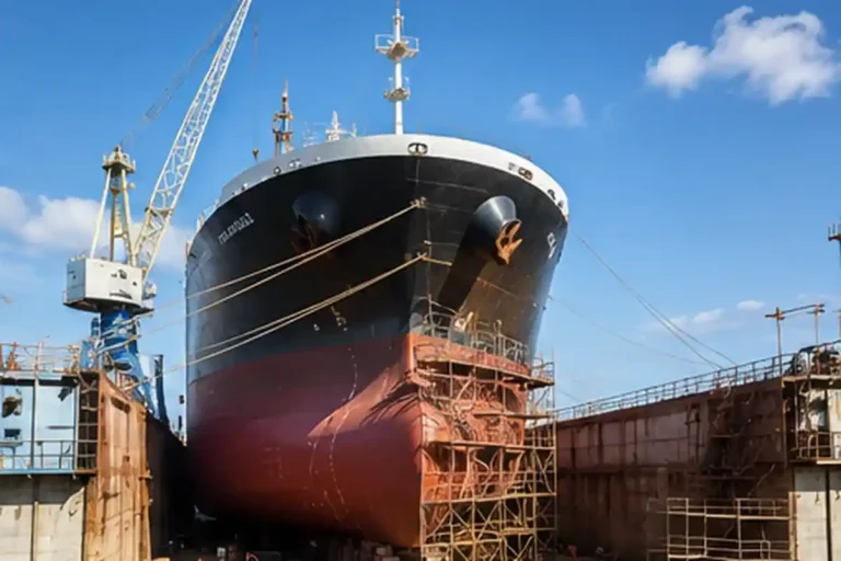 Commercial vessel undergoing dry docking and repairCommercial vessel undergoing dry docking and repair